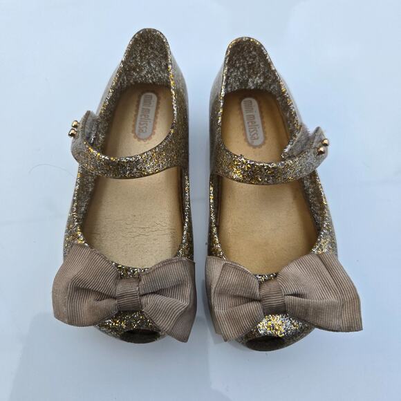 Mini Melissa Shoes Toddler Girls 7 US Mary Jane Bow Peep Gold Glitter - Picture 1 of 5